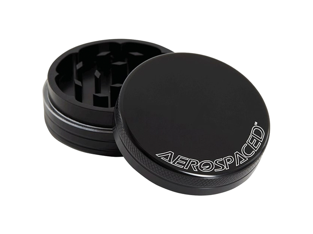 Aerospaced 2-Piece Dry Herb Grinder in size 50mm, black aluminium finish - open to show inside of grinder