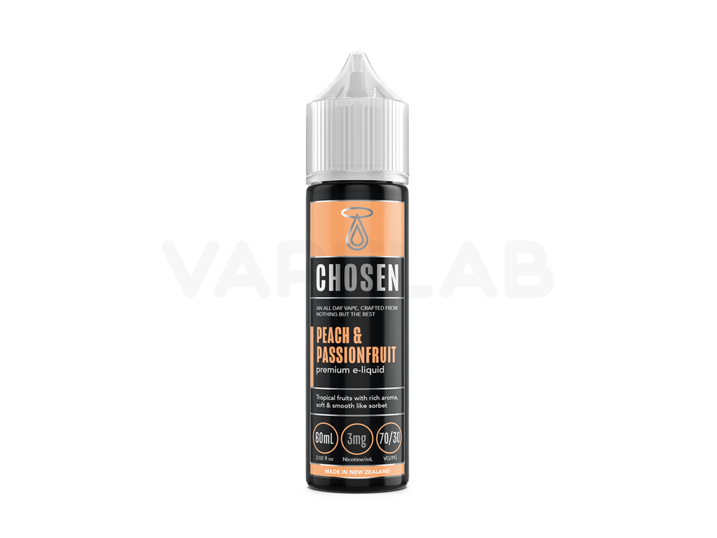 Chosen - Peach & Passionfruit flavoured e-liquid available in 3mg and 6mg freebase nicotine