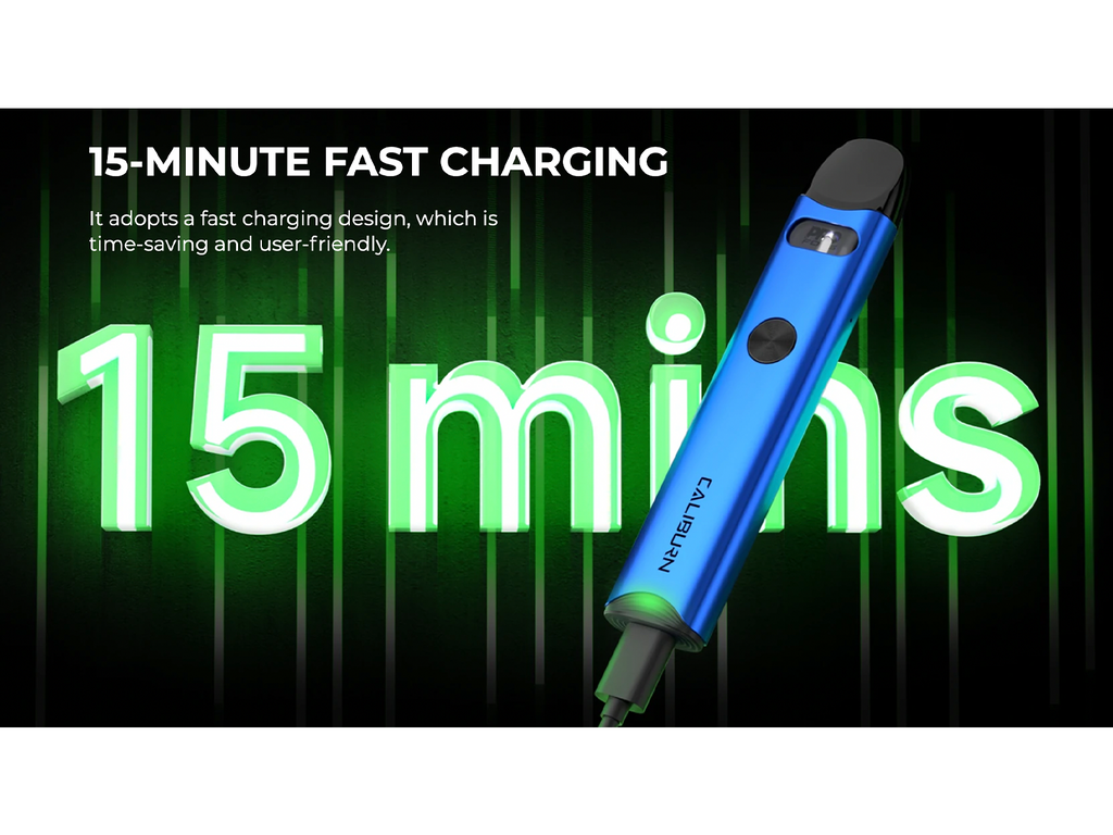 The Caliburn A3 Pod Kit offers fast charging via USB-C