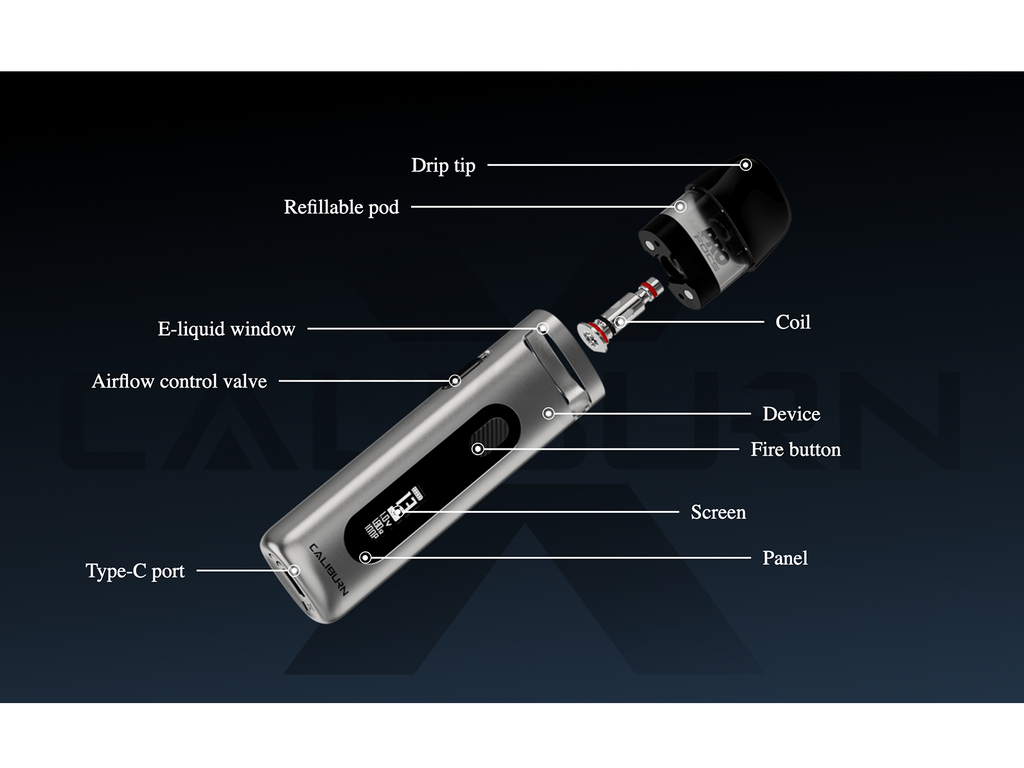 Exploded view of the UWELL Caliburn X Pod Device | VAPELAB NZ